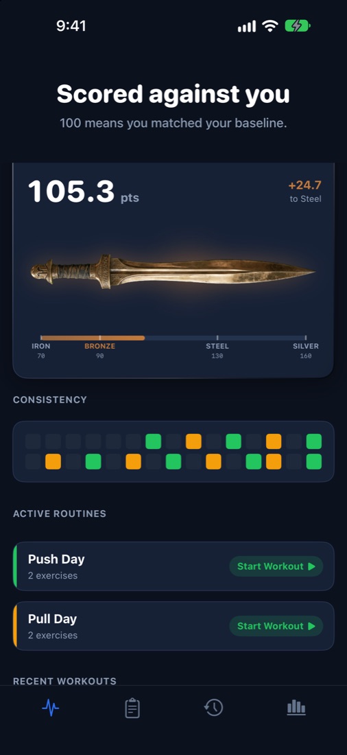Fitness Level card with the Bronze sword