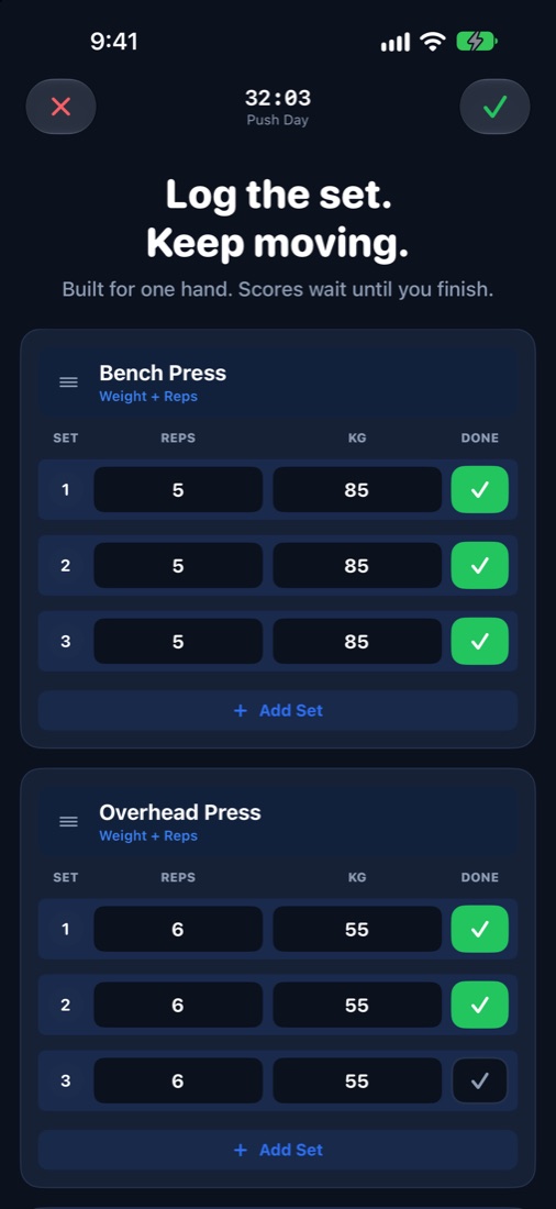 Logging sets during a workout
